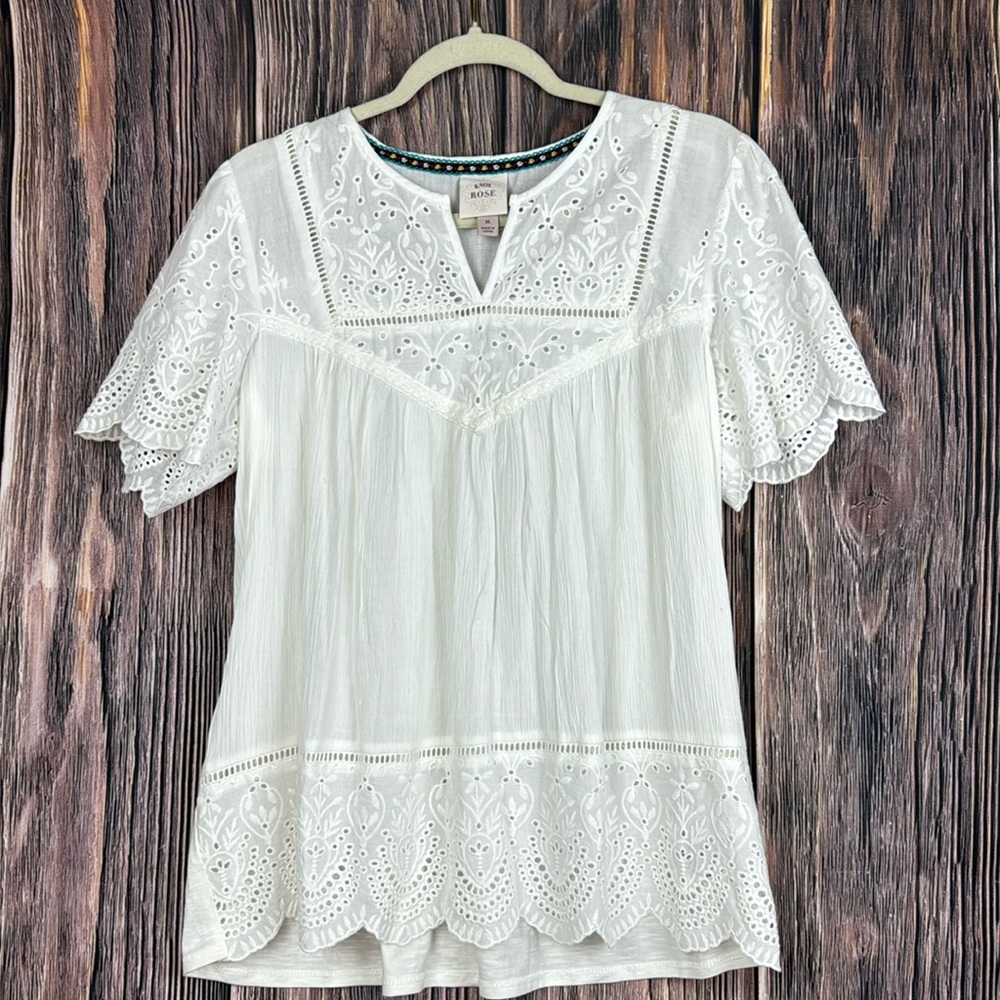 White Cotton Crochet Eyelet Blouse- Size Medium